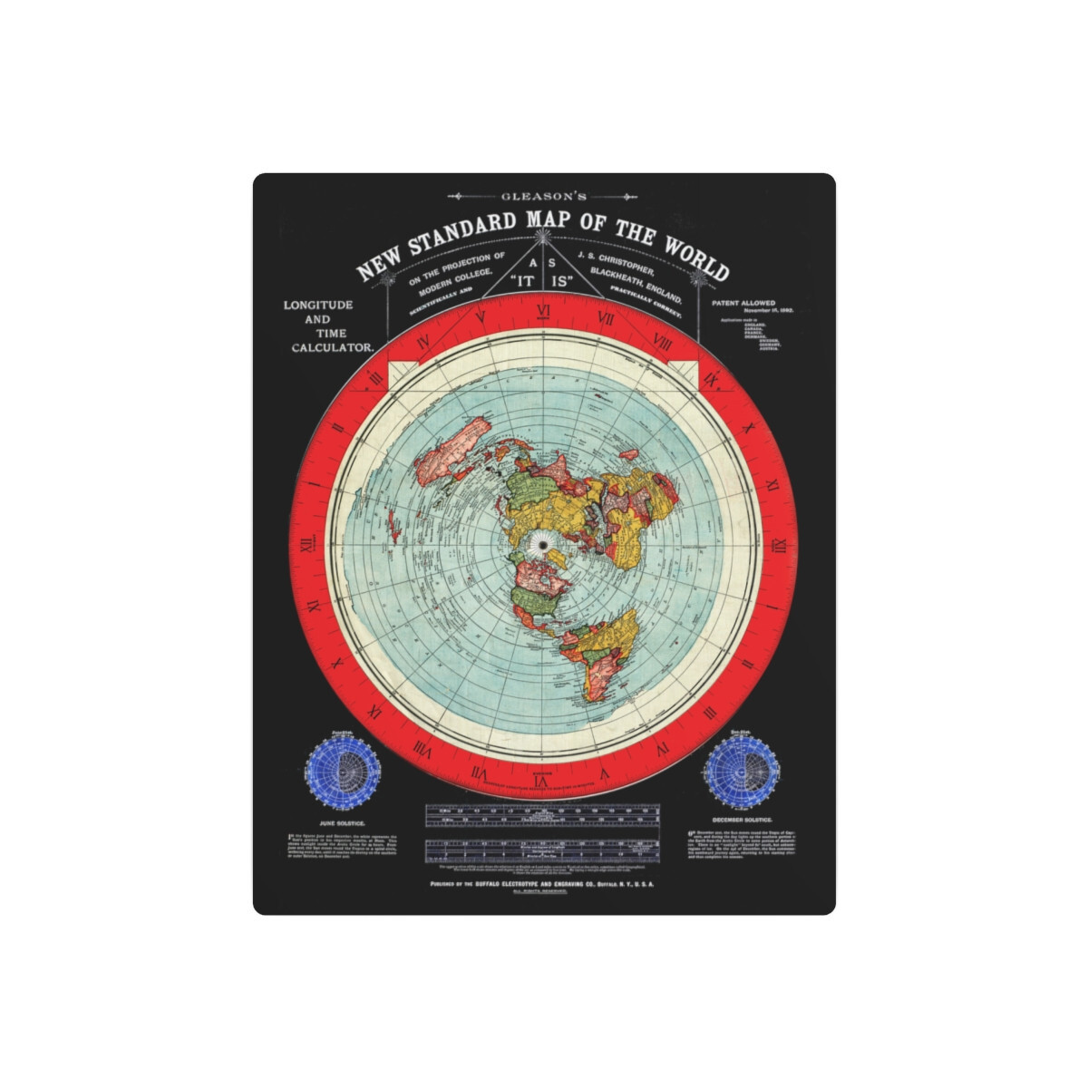 Gleason’s 1892 New Standard Map of the World Flat Earth Black Metal Art Sign