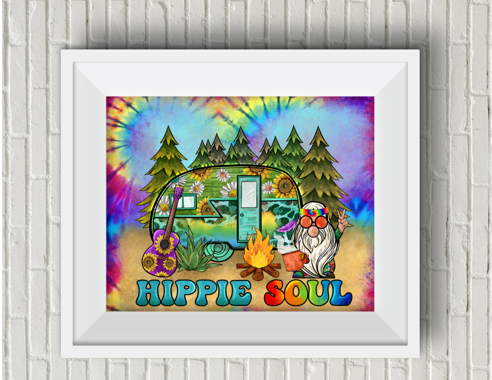 Hippie Soul Gnome Groovy Camper Art Print UNFRAMD Camping Love Peace Rock n Roll