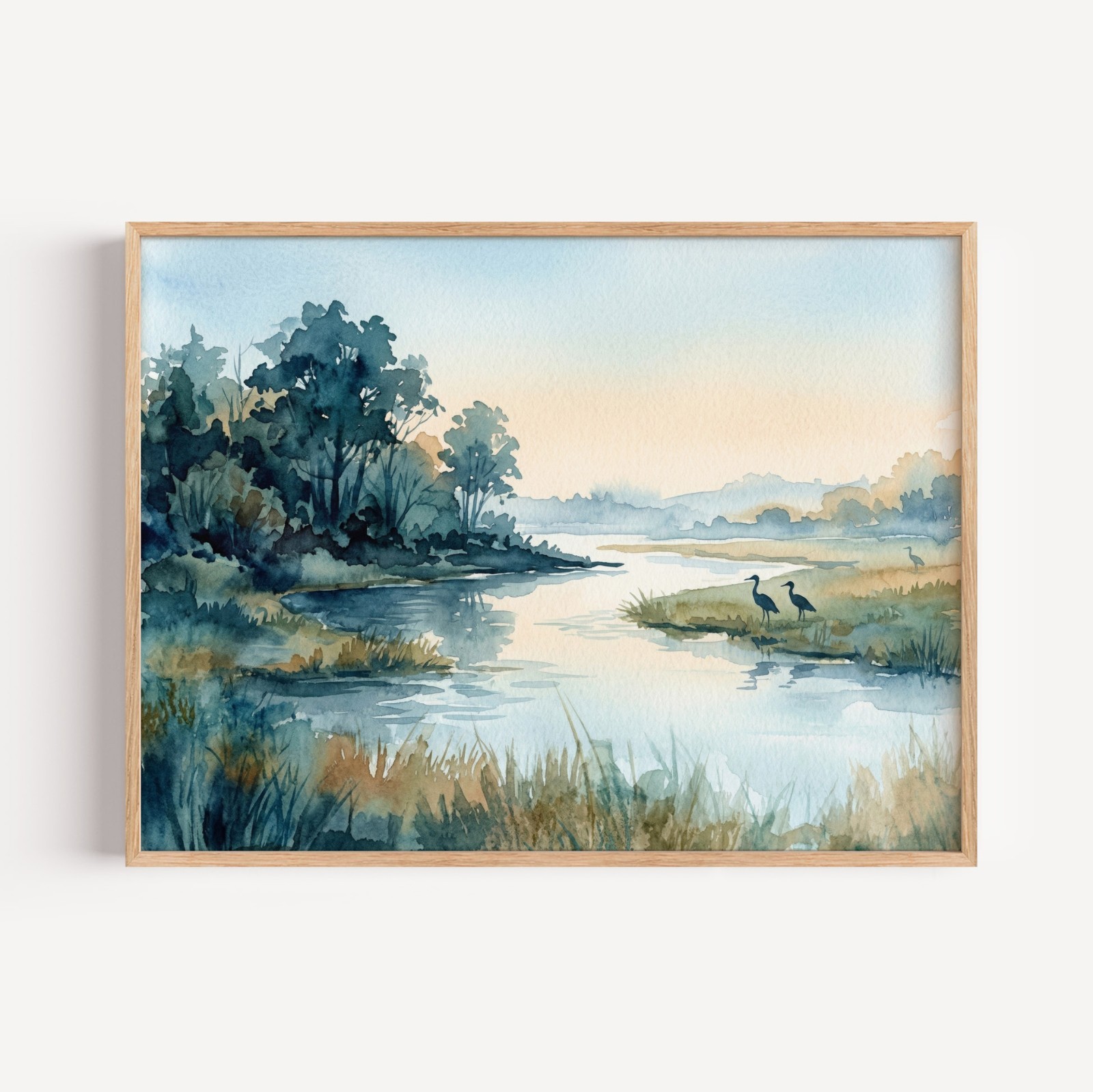 Serene Evening Waters Watercolor Landscape, Tranquil River Nature Wall Art Print