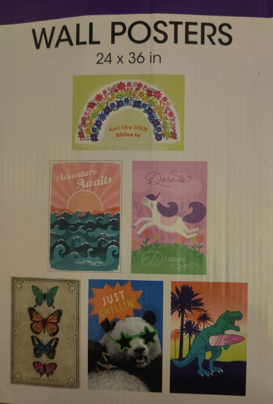 Set Of 6 Children’s Wall Posters 24 Inches x 36 Inches ‘Butterfly, T-Rex, Panda’