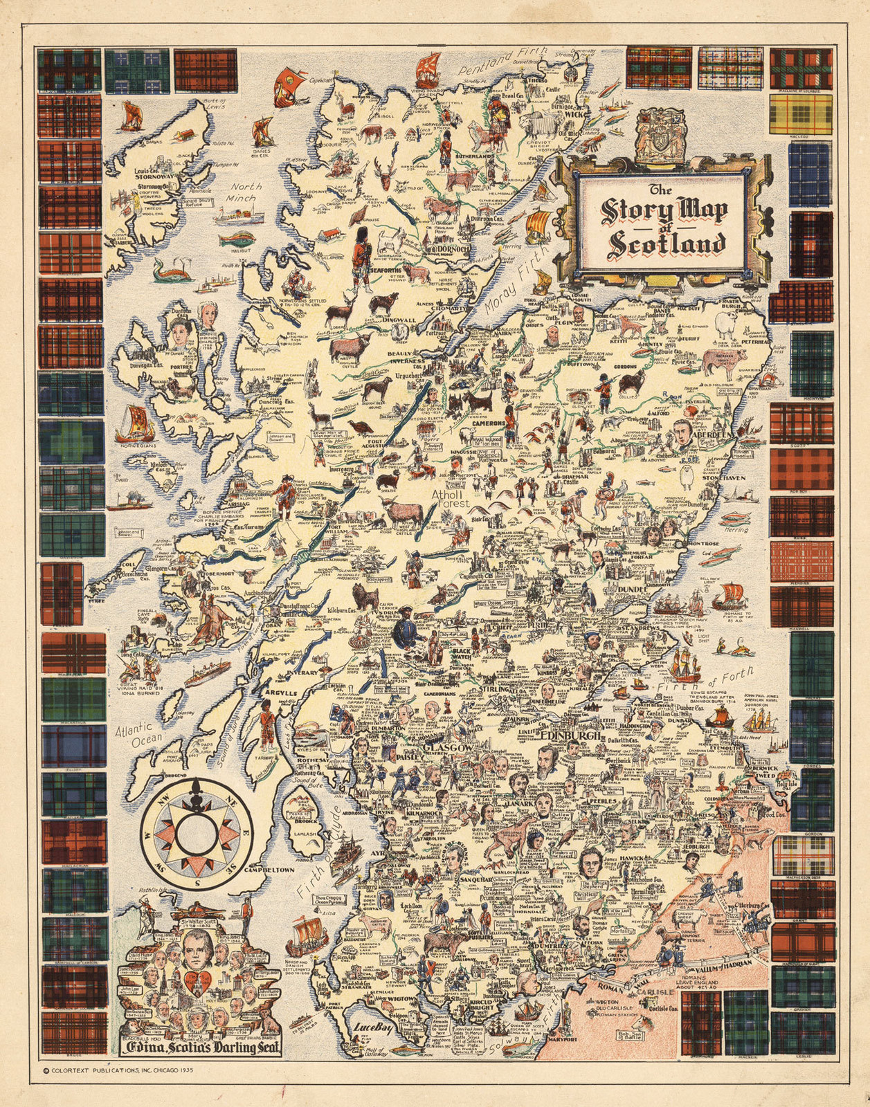 Early Pictorial Story Map Scotland Vignettes Portraits Scottish Poster Vintage