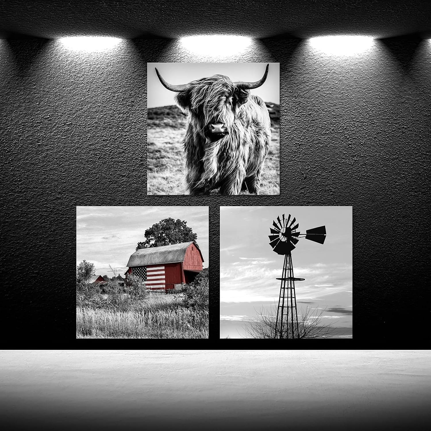 Set of 3 Black & White Farmhouse Canvas Prints – 12×12 Rustic Wall Art