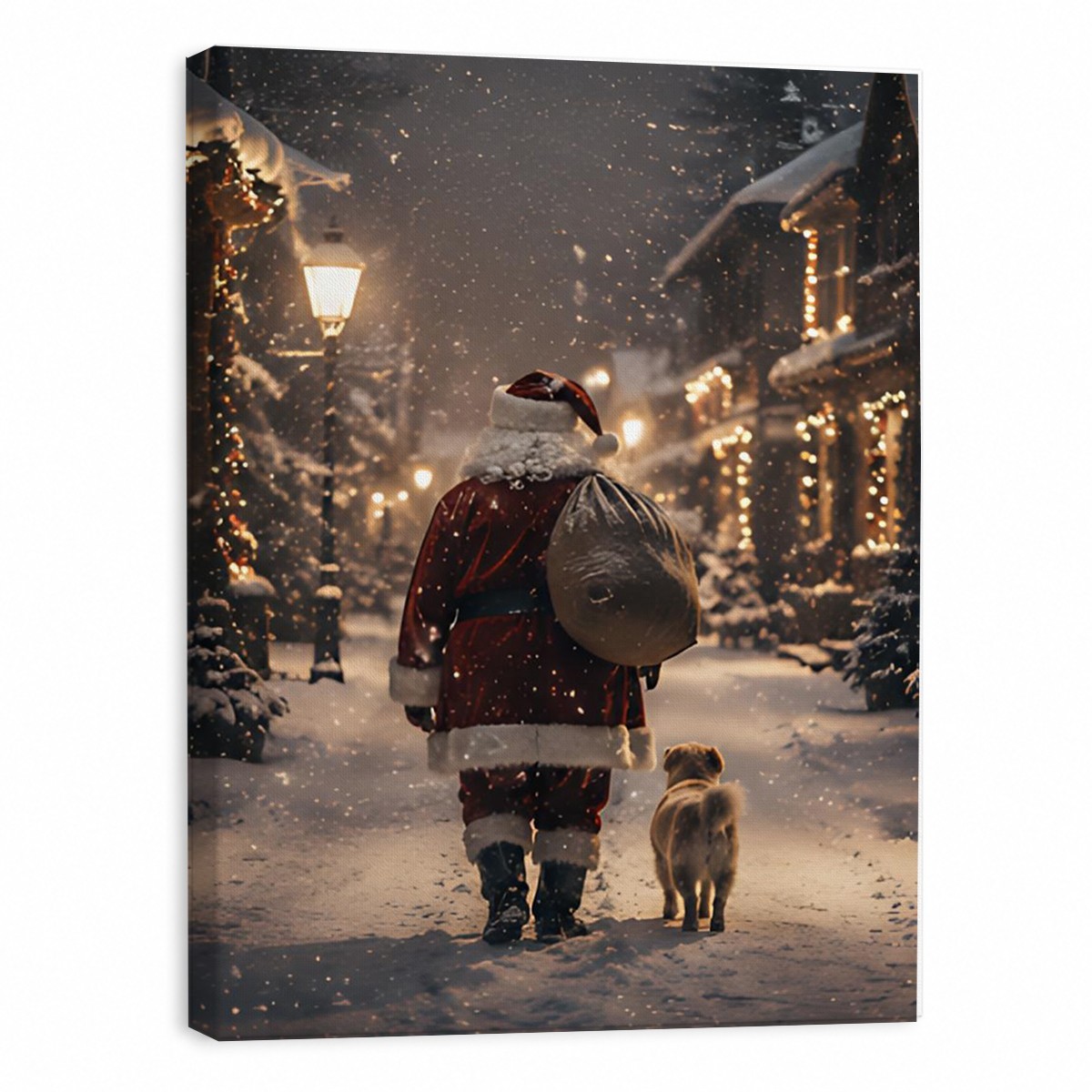 Santa Walking Dog Canvas Print Snowfall Village Scene Custom Wall Art