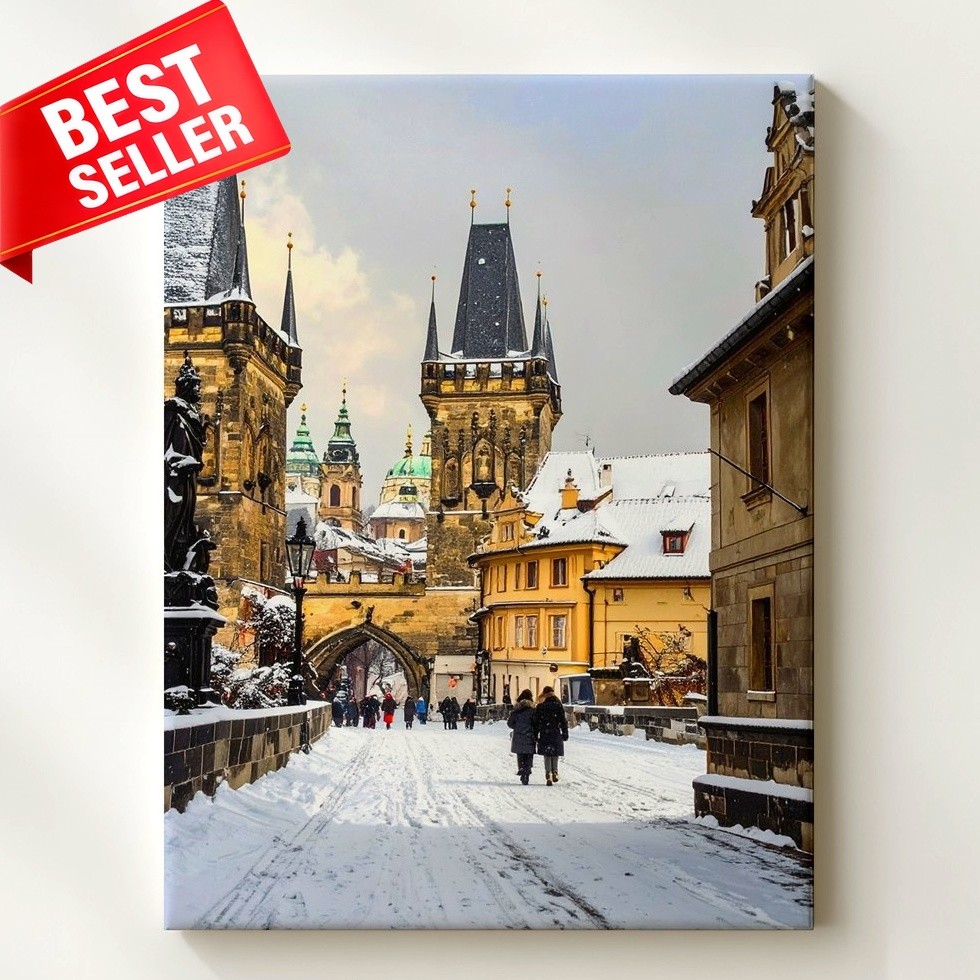 Wall Art Snow Street City European Cityscape Covered Historic Scene Step Canvas
