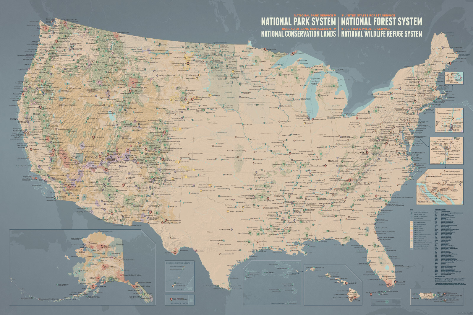 NPS x USFS x BLM x FWS Interagency Map 24×36 Poster (Tan & Slate Blue) #853