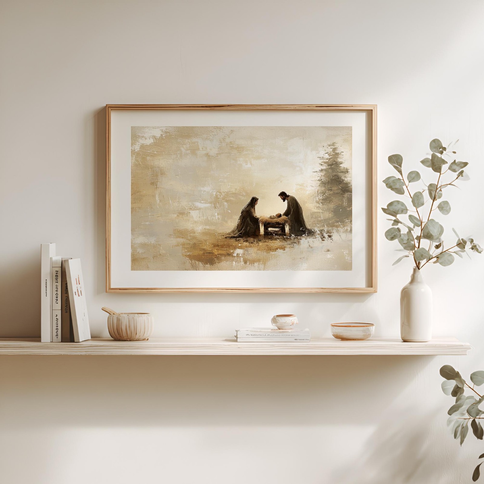 Nativity Mary Joseph Baby Jesus Canvas Art | Earthy Christmas Wall Decor