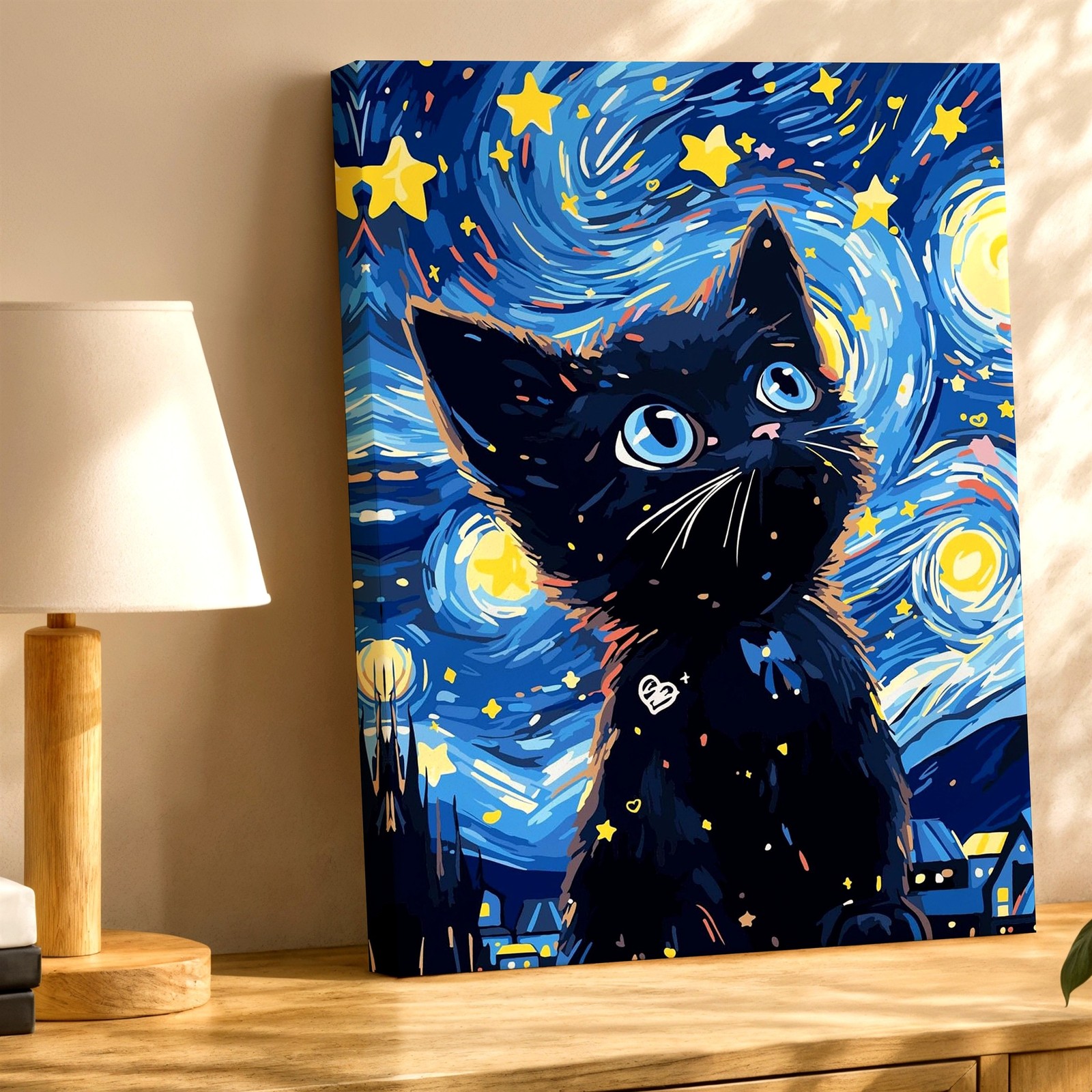 Wall Art Black Cat Starry Night Canvas Print Blue Whimsical Kitten Poster Decor