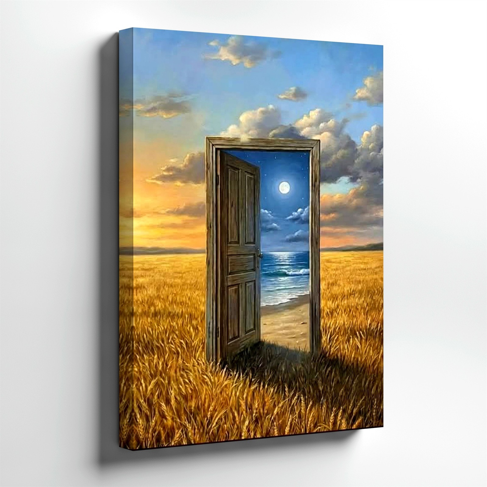 Wall Art Surreal Open Door Wheat Field Moonlit Ocean Landscape Canvas Print