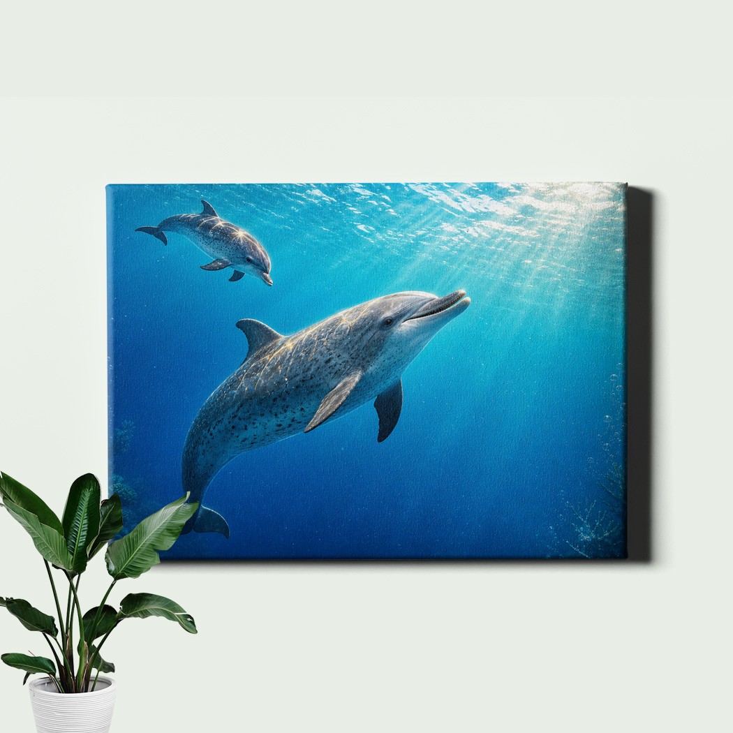 Underwater Dolphin Pair Wall Art Turquoise Ocean Sea Life