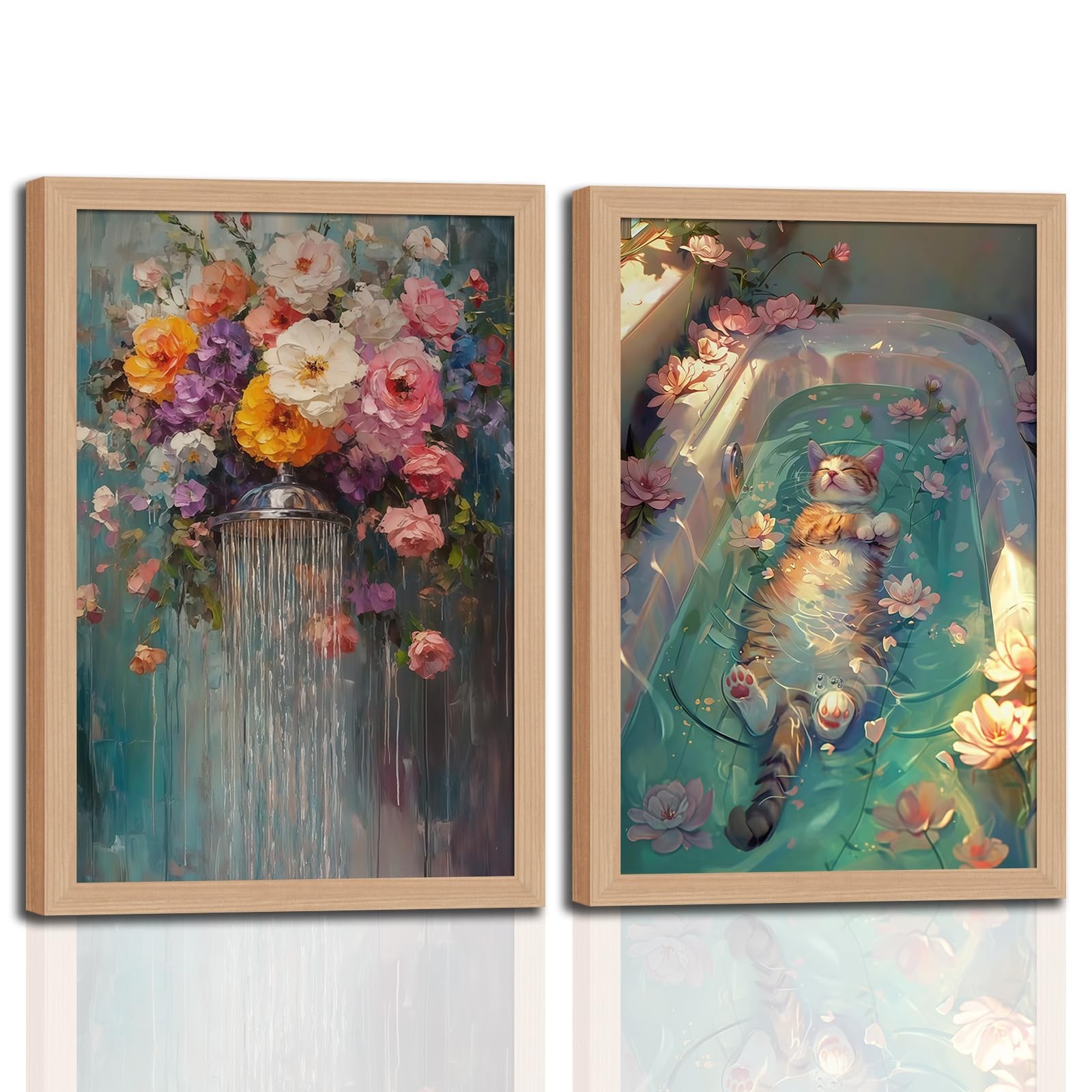 2pcs Framed Wall Art Vintage plant Floral Waterfall Shower Relaxing Cat in Ba…