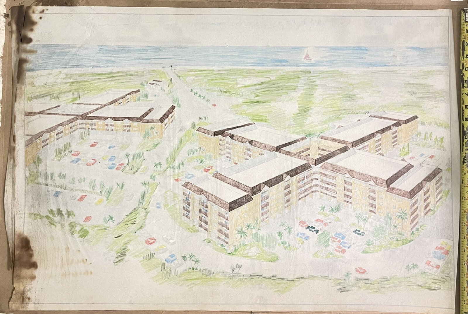 VTG 1960s Pen & Ink Colored Pencil Architectural Drawing MCM Clearwater FL COA