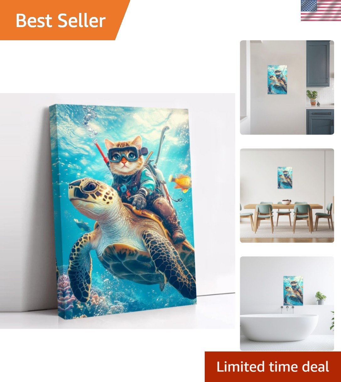 Whimsical Sea Turtle and Cat Canvas Art – Perfect Nautical Bathroom Decor
