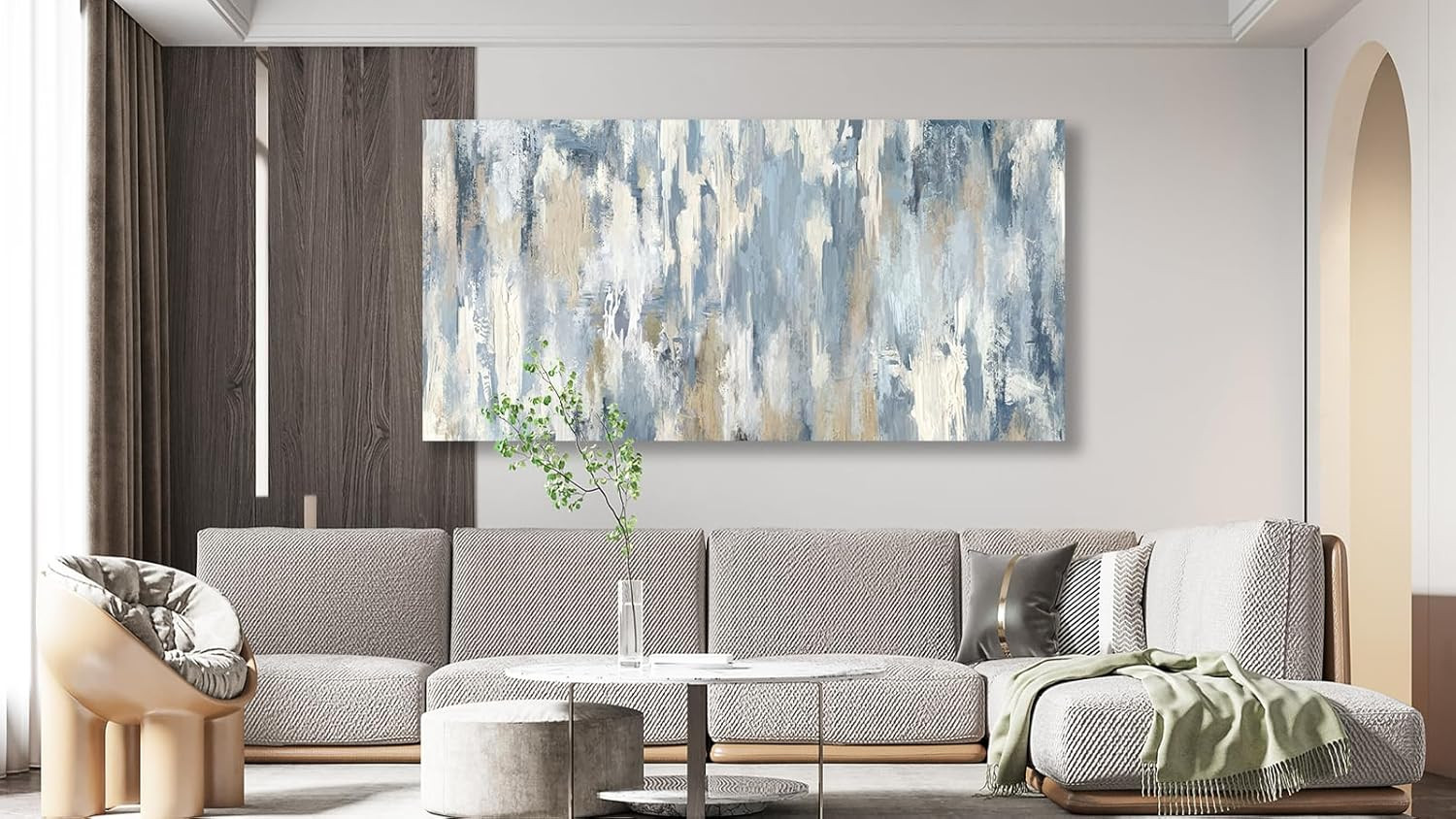 Contemporary Large Abstract Canvas Art – Gray Blue Beige 20″x40″ Decor