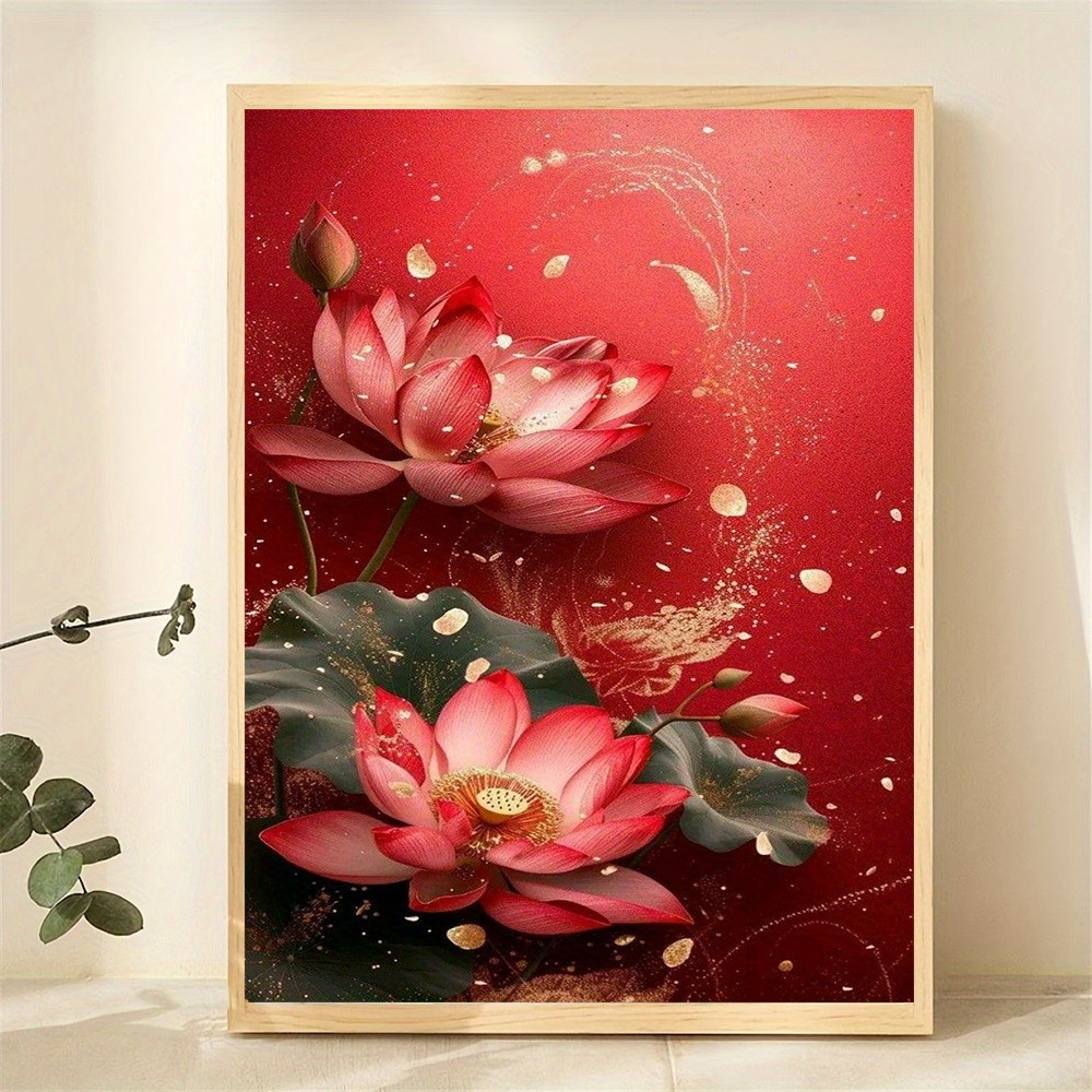 Framed Canvas Red Lotus Golden Splash Chinese Style Floral Decor