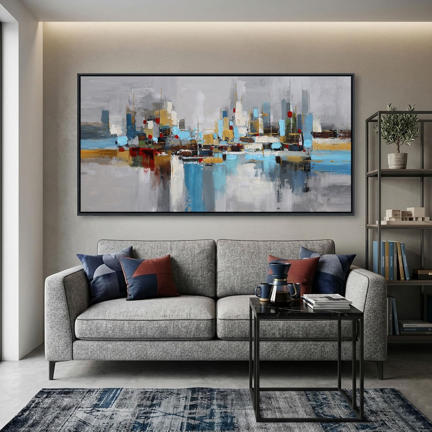 Large Blue Gold City Skyline Canvas Art for Living Room, 29×58 Inch
