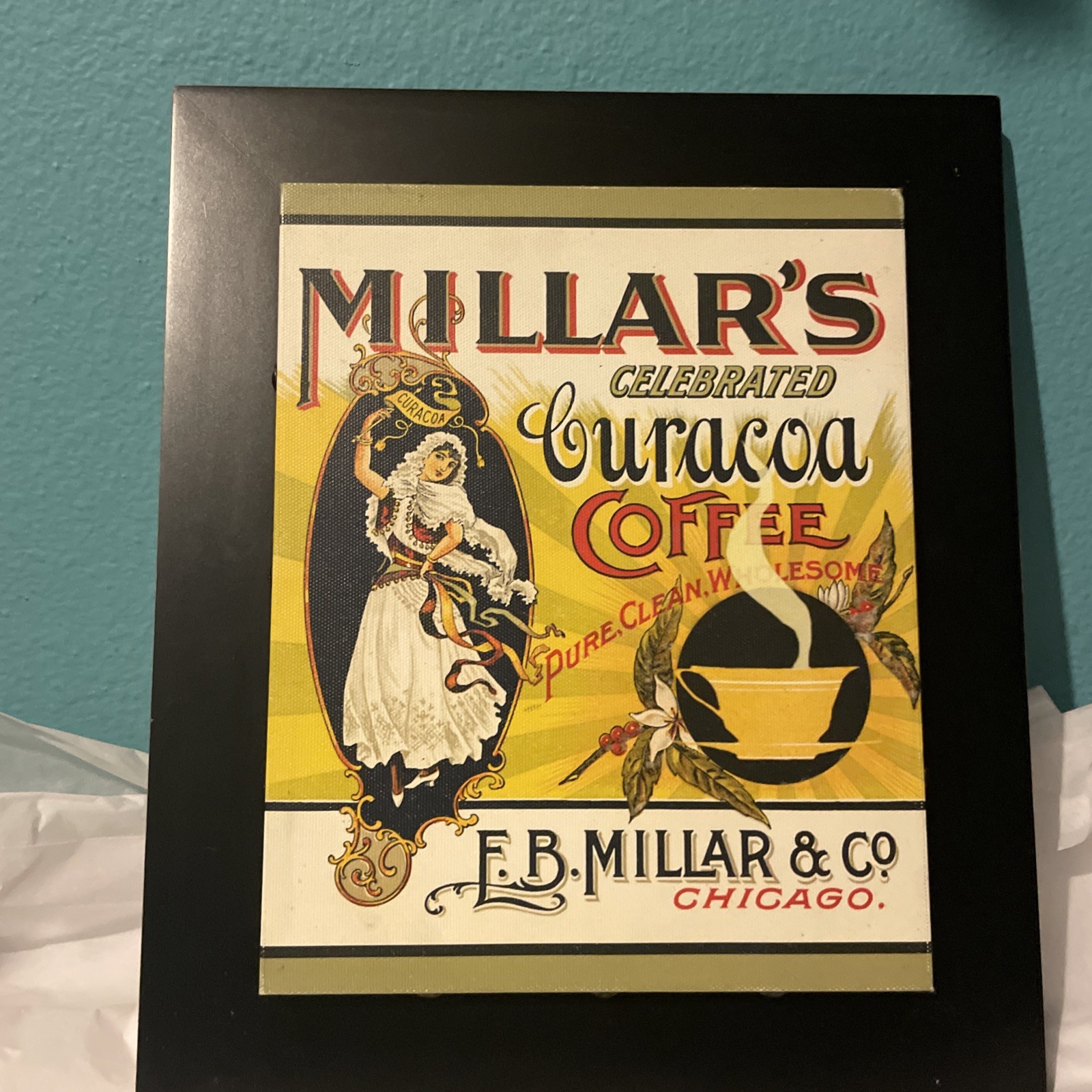 Millars Coffee Print on Wrapped Canvas- Mounted on Black Wood Frame-13 x 11″-EUC
