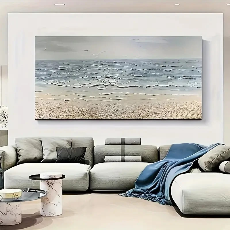 Featuring Blue Grey Ocean and Golden Beach Unframed Canvas Painting for Living