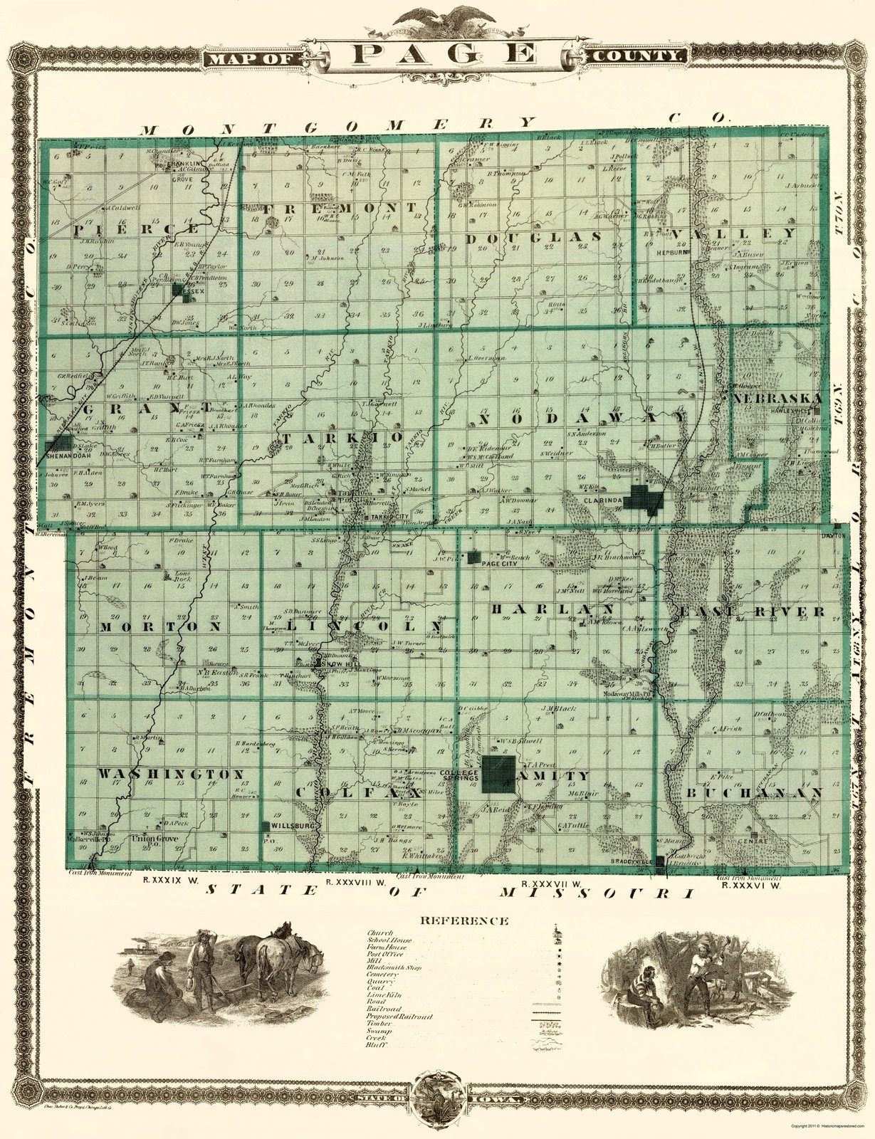 Historic County Map – Page County Iowa – Andreas 1874 – Vintage Wall Art