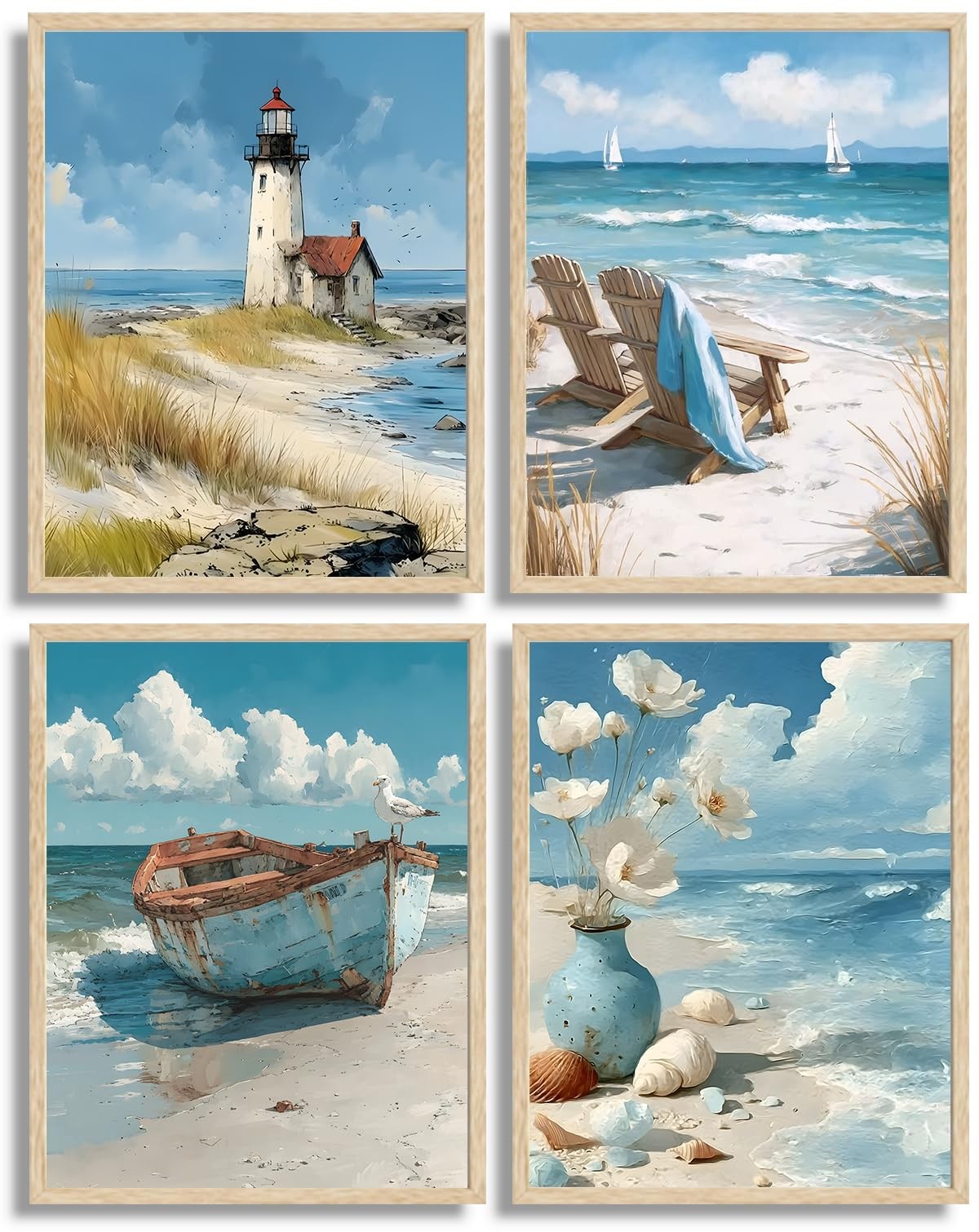 4Pcs Blue Coastal Wall Art Ocean Bathroom Wall Decor Pictures Lighthouse Boat…