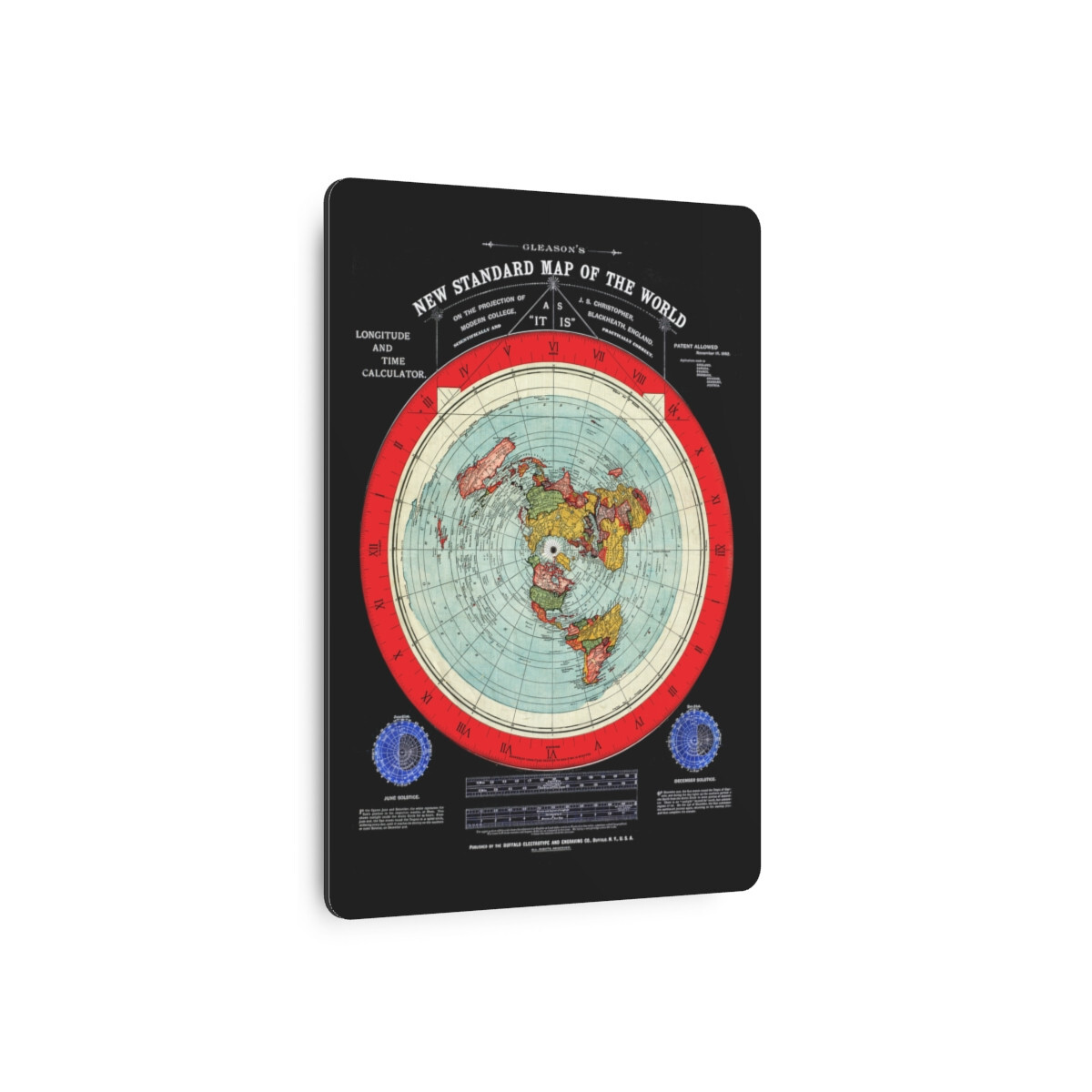 Gleason’s 1892 New Standard Map of the World Flat Earth Black Metal Art Sign