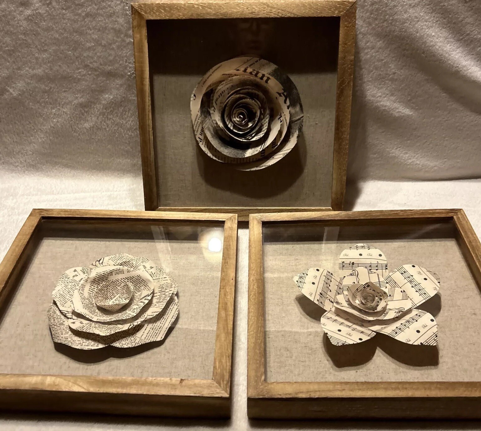 Origami 3-D Newspaper/Music Sheet Framed Artwork. Burlap. Wood. Art. Origami.