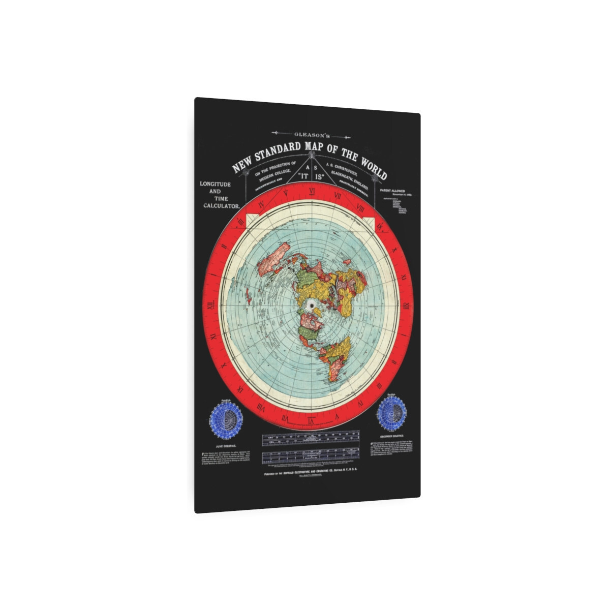 Gleason’s 1892 New Standard Map of the World Flat Earth Black Metal Art Sign