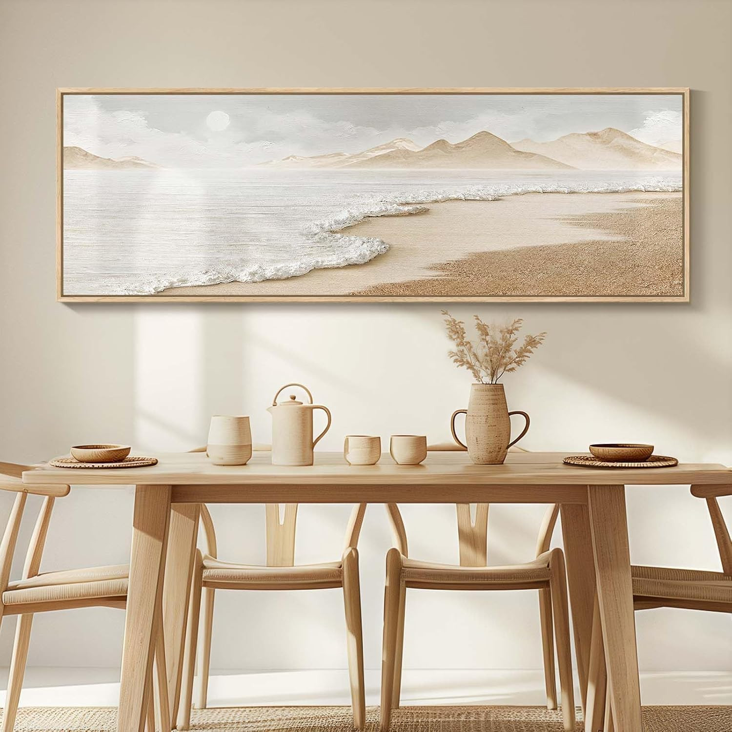 Framed Boho Coastal Beach Wall Art for Living Room, Large Neutral Ocean Canvas A