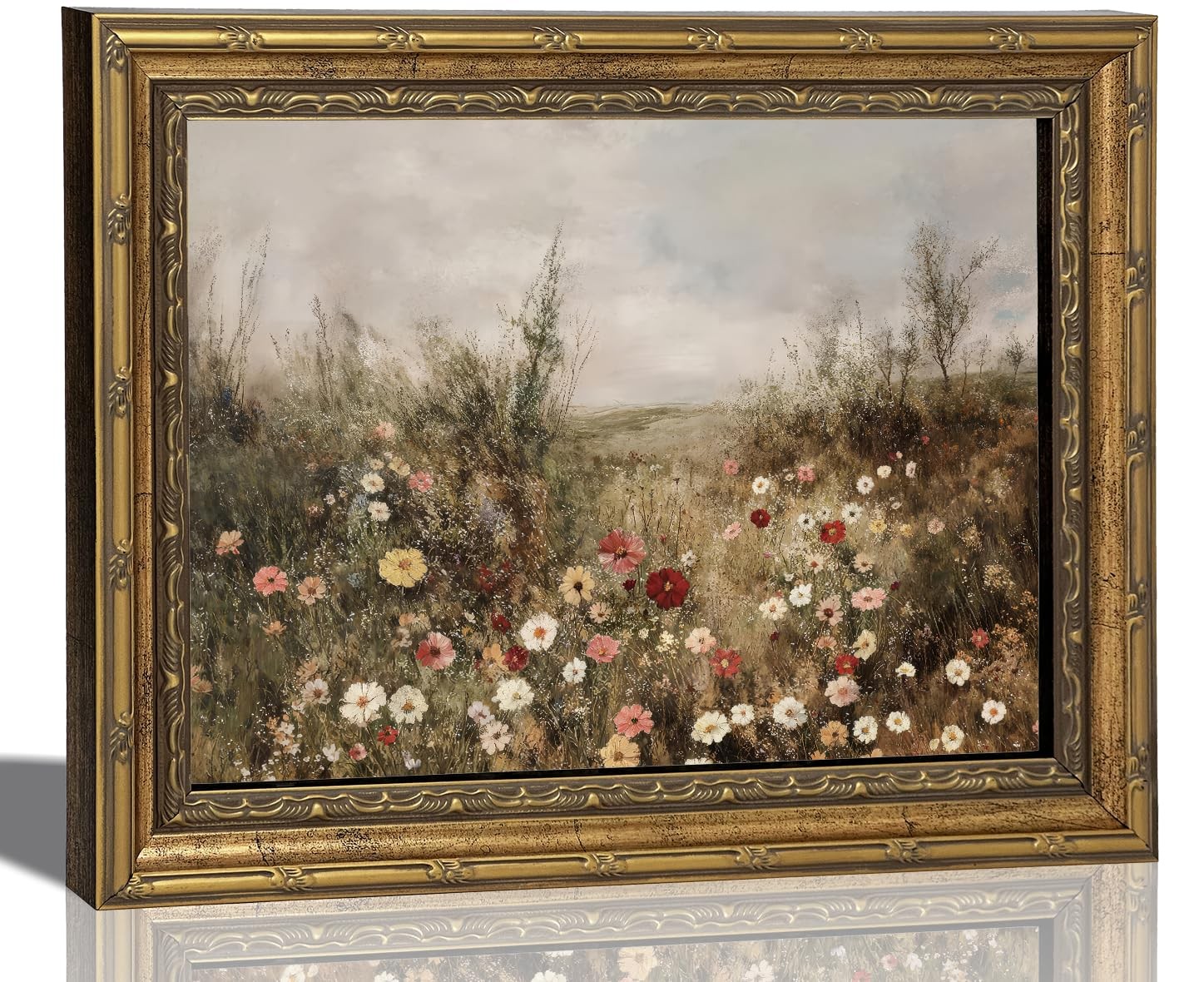Vintage Gold Framed 3D Textured Wildflower Canvas Wall Art Country Natural Fl…