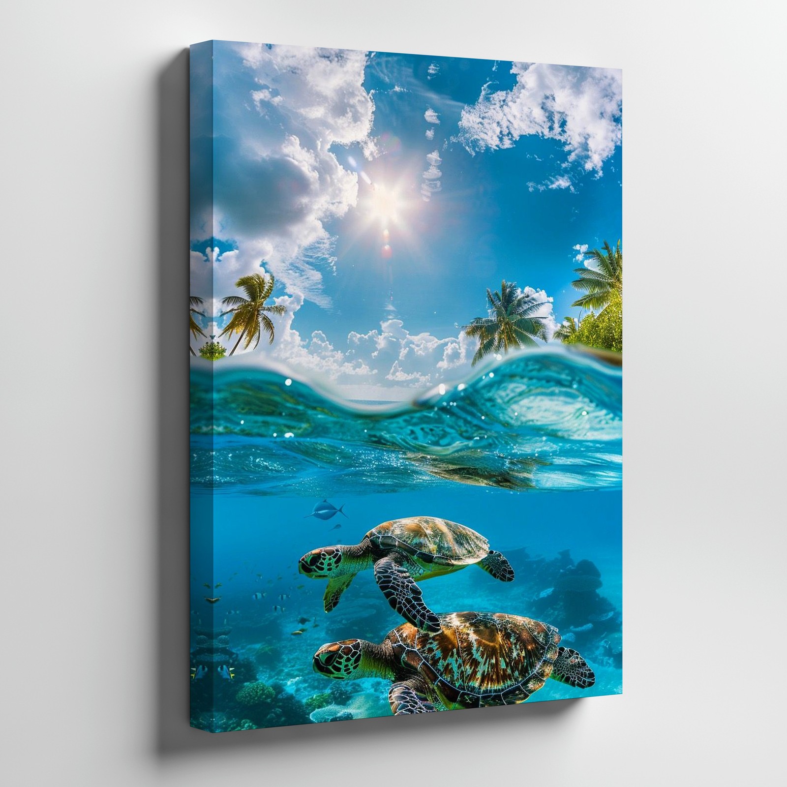 Underwater Sea Turtles Swimming With Tropical Sky And Palm Trees Canvas Wall Art