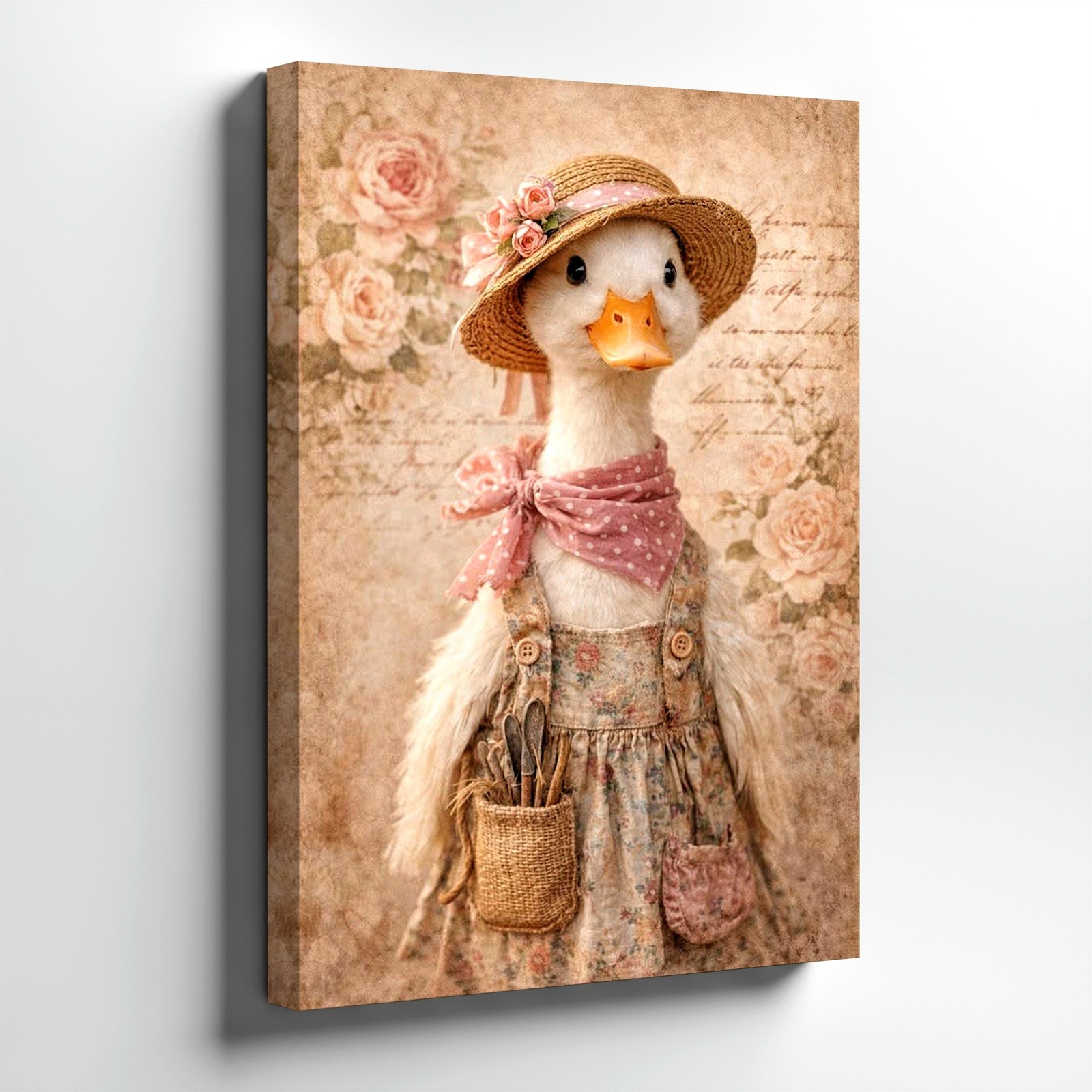 Wall Art Vintage Duck in Floral Dress Hat Pink Scarf Shabby Chic Print Decor