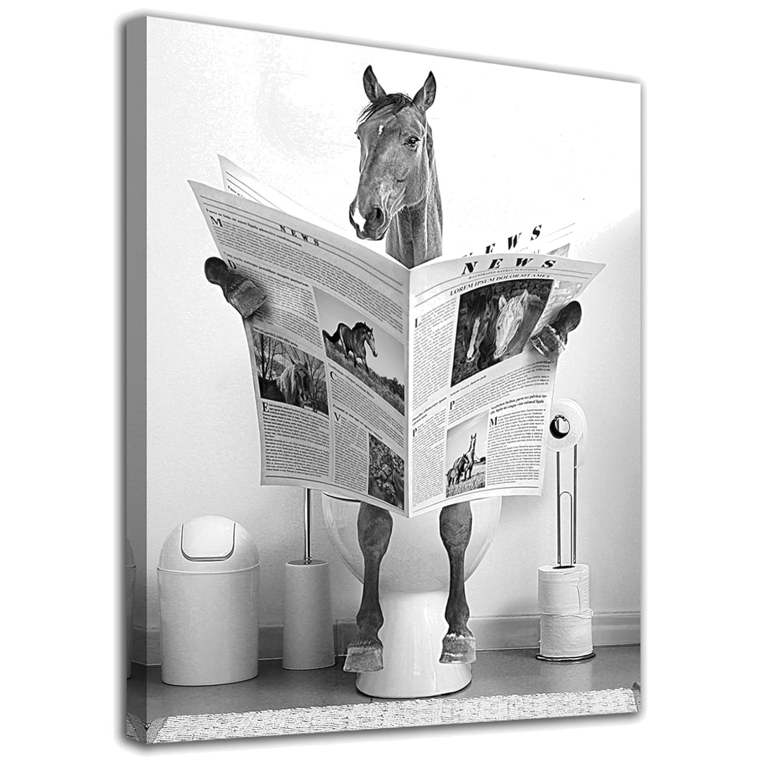 Charming Horse on Toilet Canvas Art – Stylish 12″ x 16″ Black & White Decor