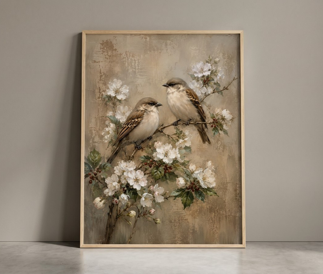 Vintage Sparrow Oil Painting Style Poster Two Birds Rustic Farmhouse Wall Art
