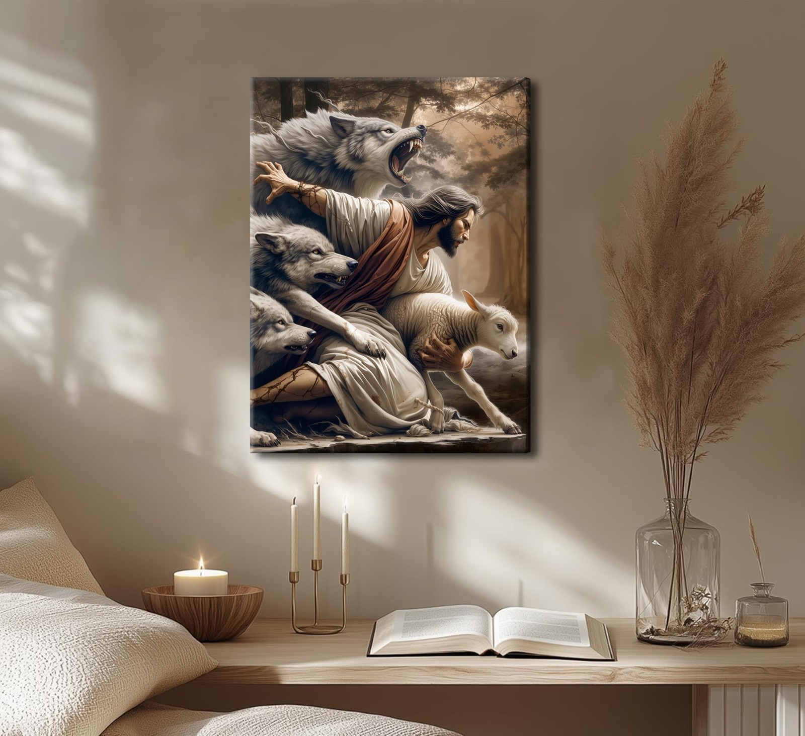 Jesus and Lamb Canvas Wall Art Jesus Saves the Lost Sheep Christian Wall Deco…