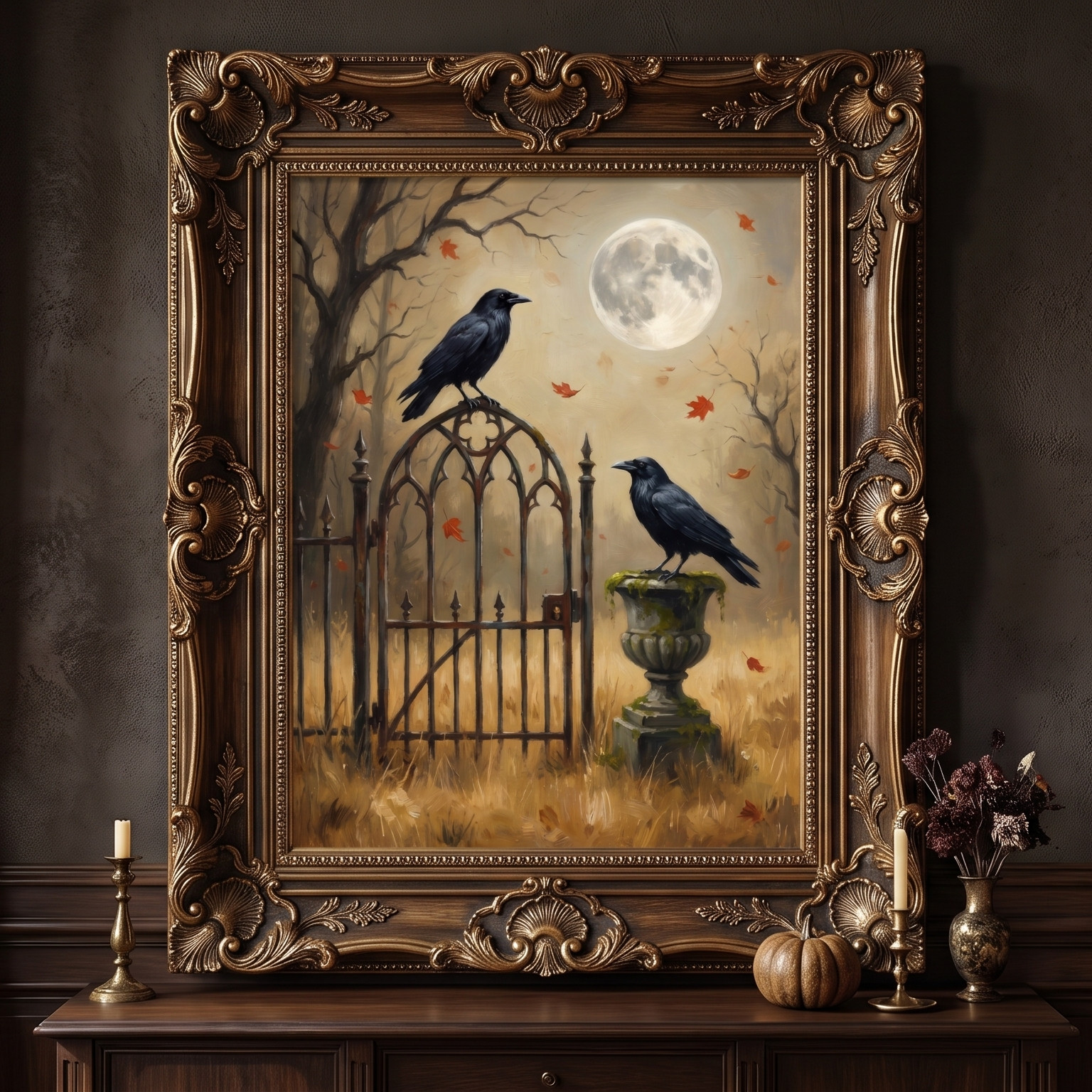 Gothic Ravens Full Moon Iron Gate Autumn Vintage Spooky Wall Art Poster Decor