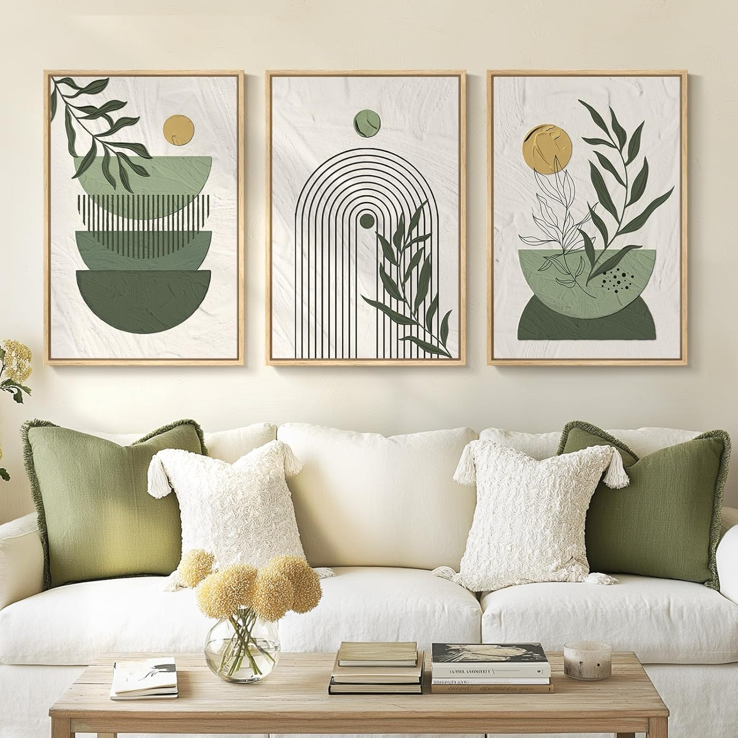 Sage Green Boho Wall Art Set – 3 Piece Botanical Canvas Prints for Home Decor