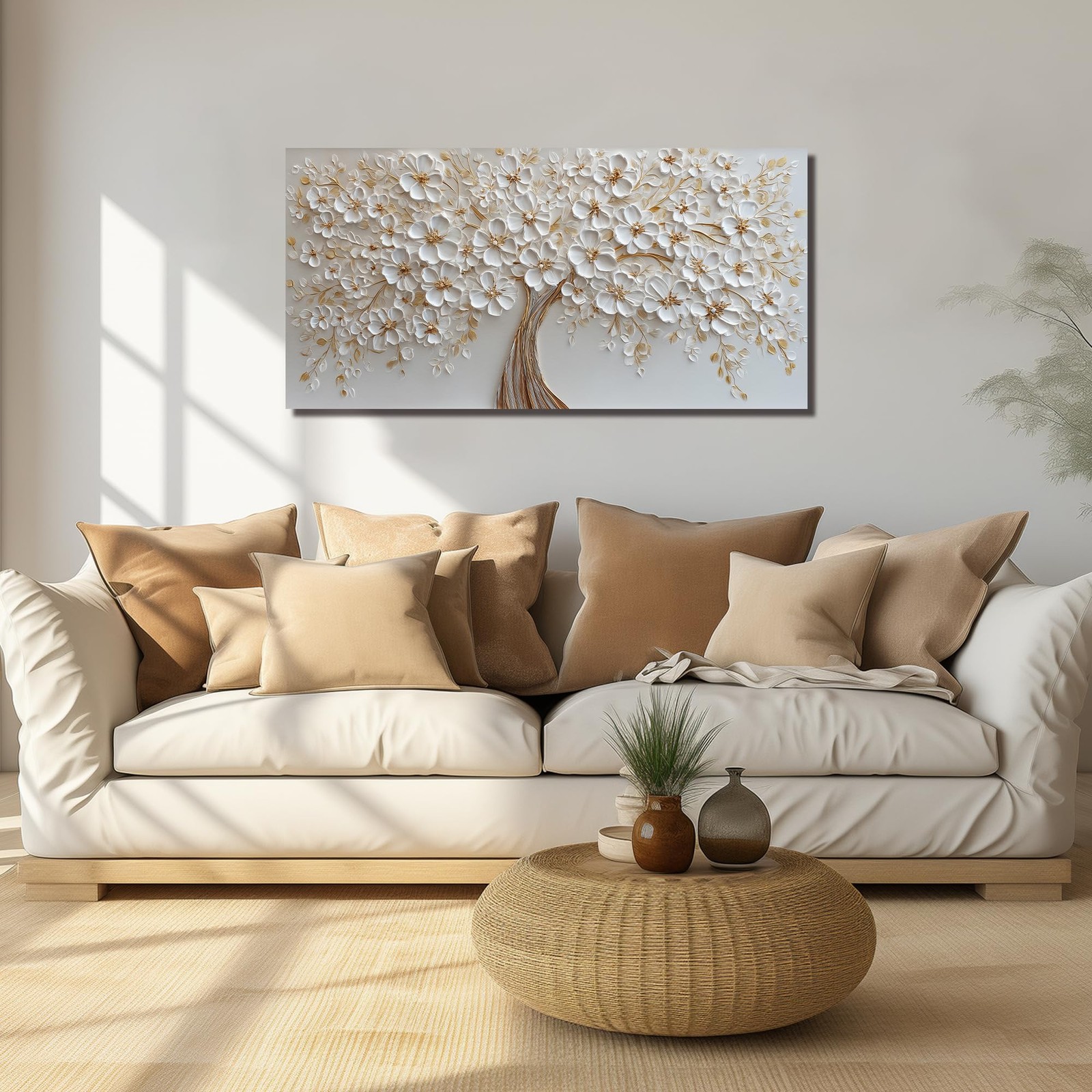 WVMAPTA Flower Pictures Wall Decor for Living Room White and Gold Wall Art fo…