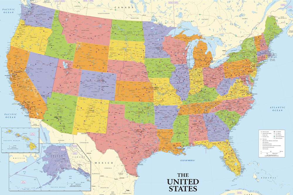 18»x29» United States Map US USA Print Poster Wall Mural For Travel Education