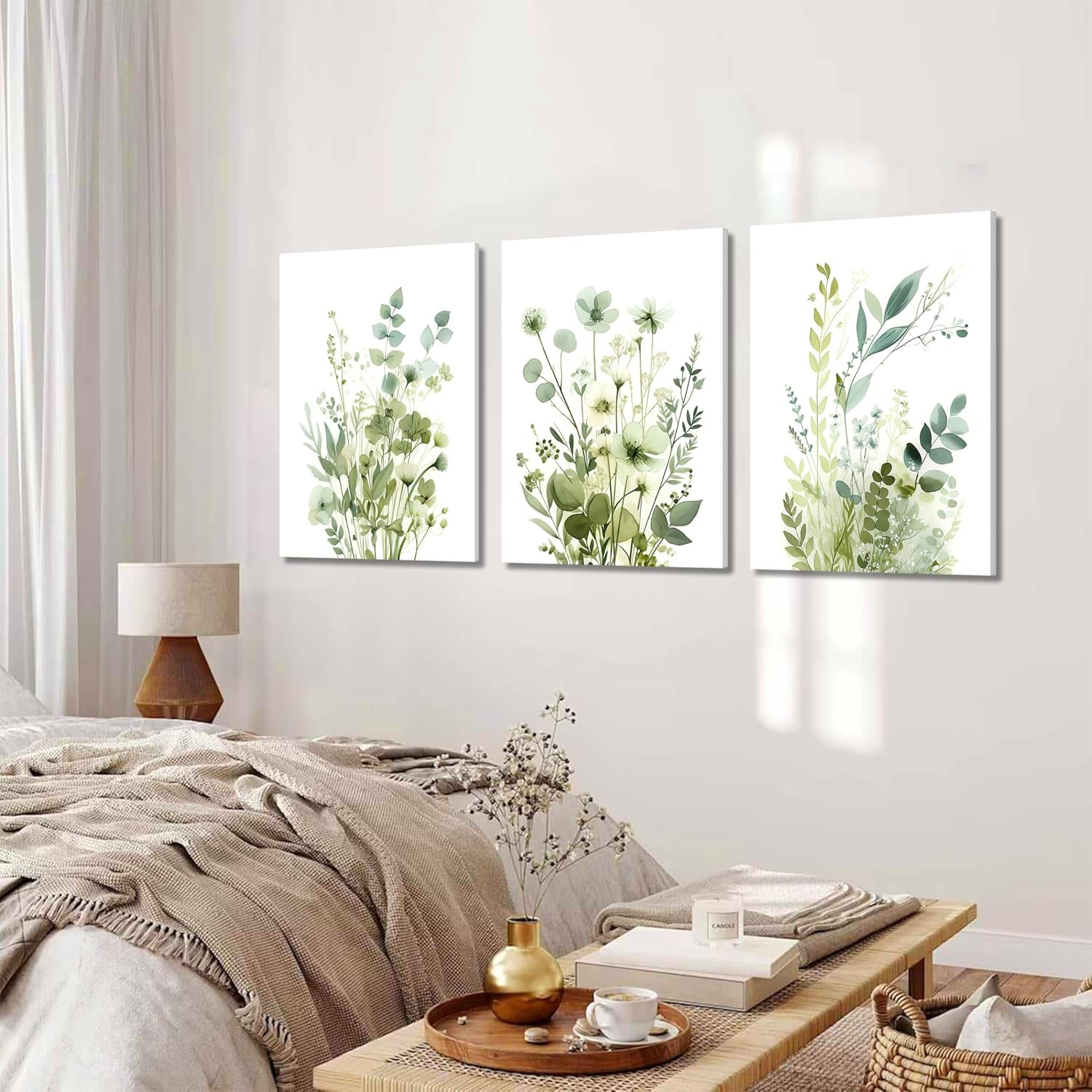 Boho Floral Canvas Wall Art Set of 3, Sage Green Wildflower Botanical Wall