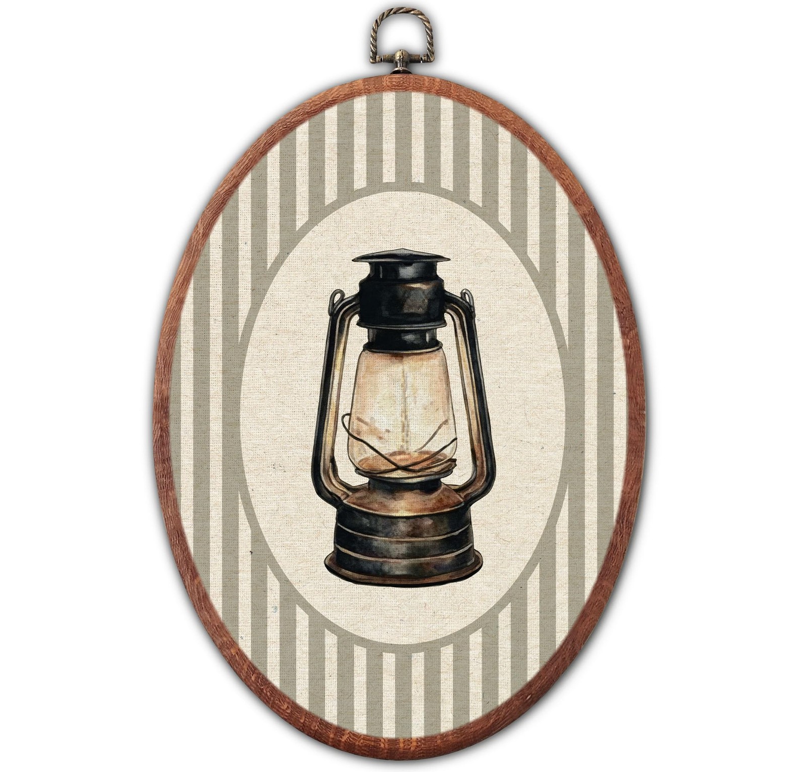 Vintage Lantern Nursery Oval Wall Art, Grey Striped Canvas Prints Framed, Rus…
