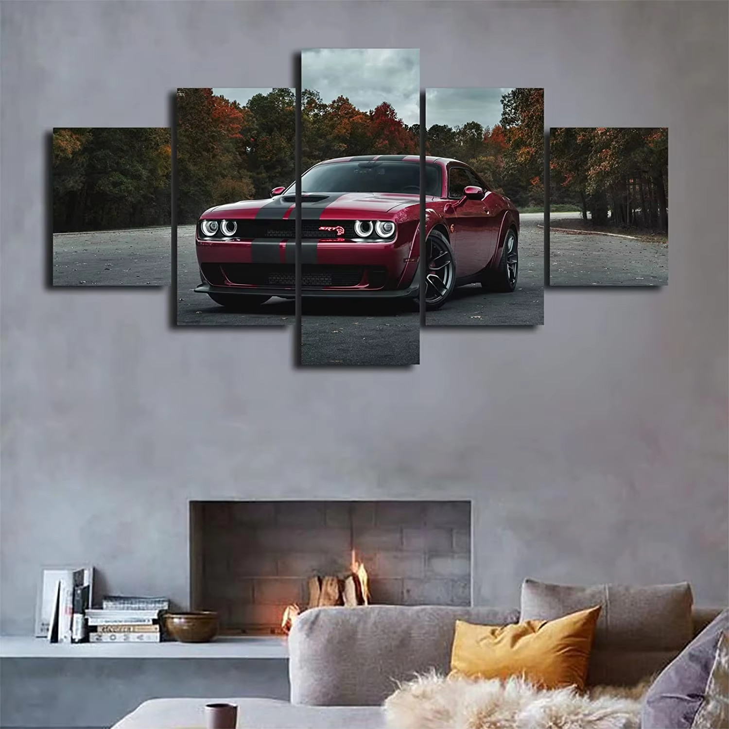 Luxury Dodge Challenger Car Nature Trees 5 Piece Panel Canvas Wall Art Decor