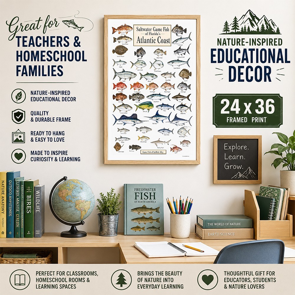 Florida Atlantic Coast Fish Framed Poster 24×36 – Saltwater Fishing Chart