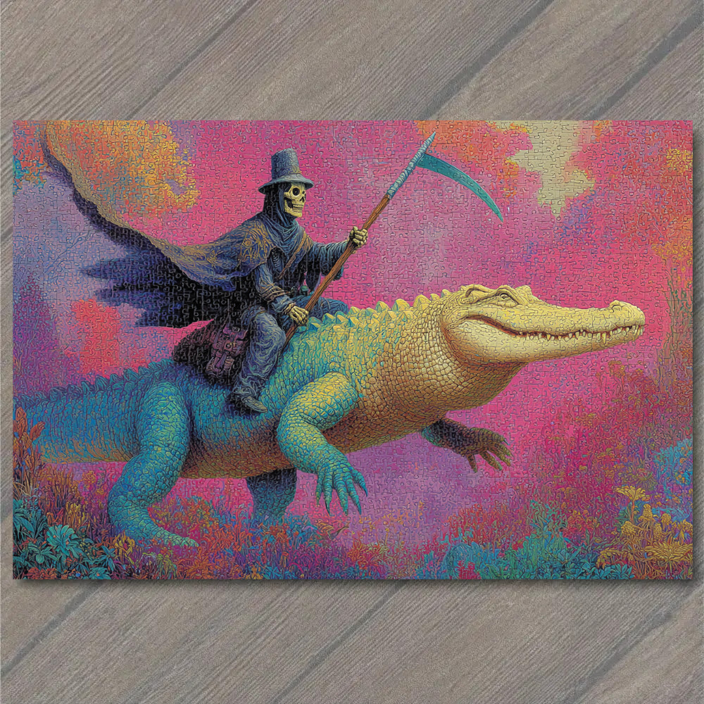 Art Print Grim Reaper Skeleton Riding Alligator Fantasy Surreal