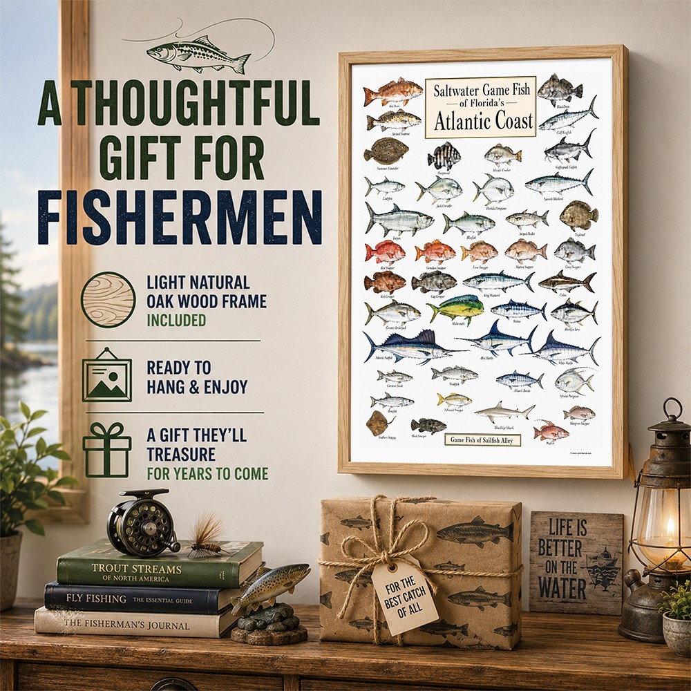 Florida Atlantic Coast Fish Framed Poster 24×36 – Saltwater Fishing Chart