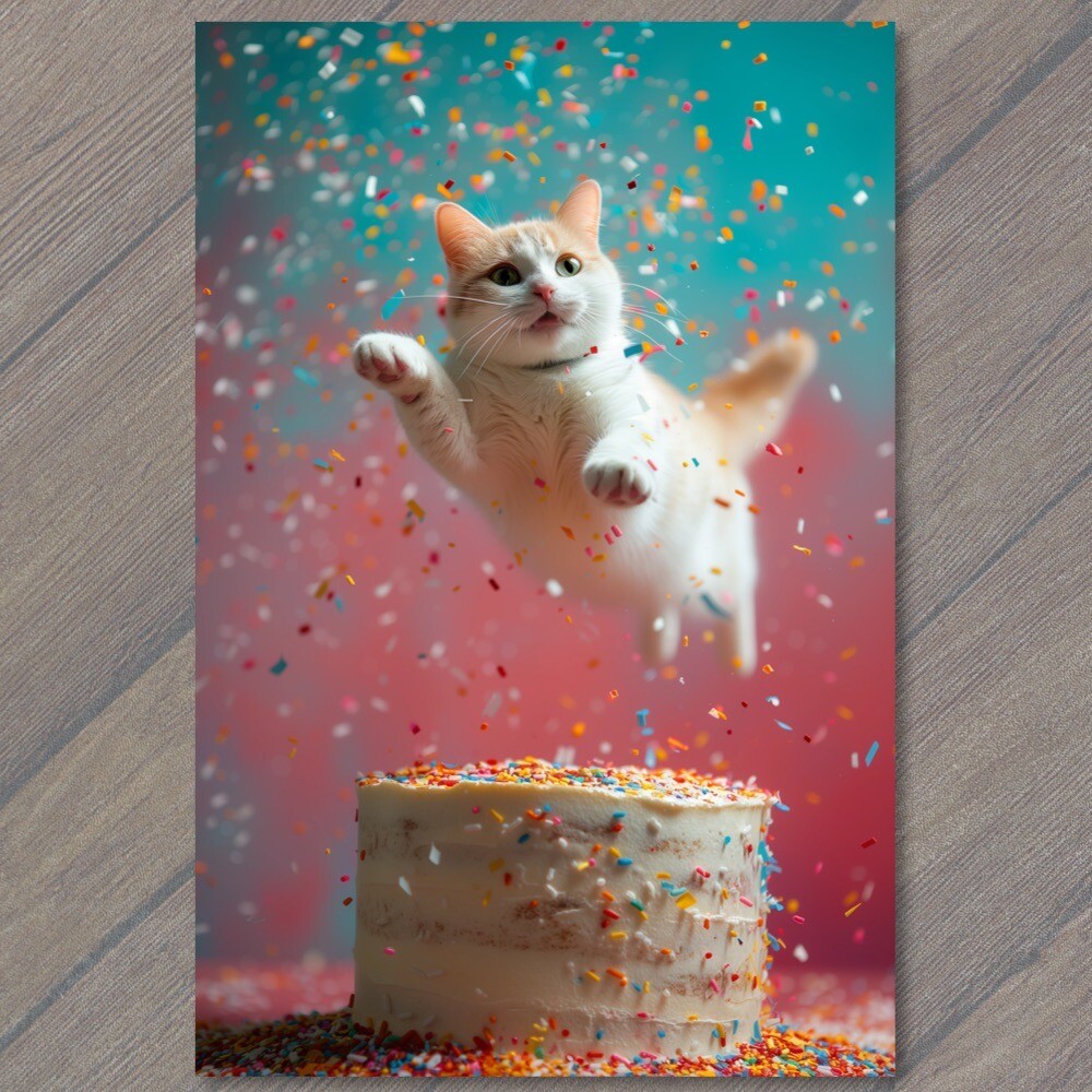 Art Print Cat Jumping Over Birthday Cake Rainbow Colors Bright Vibrant Sprinkles