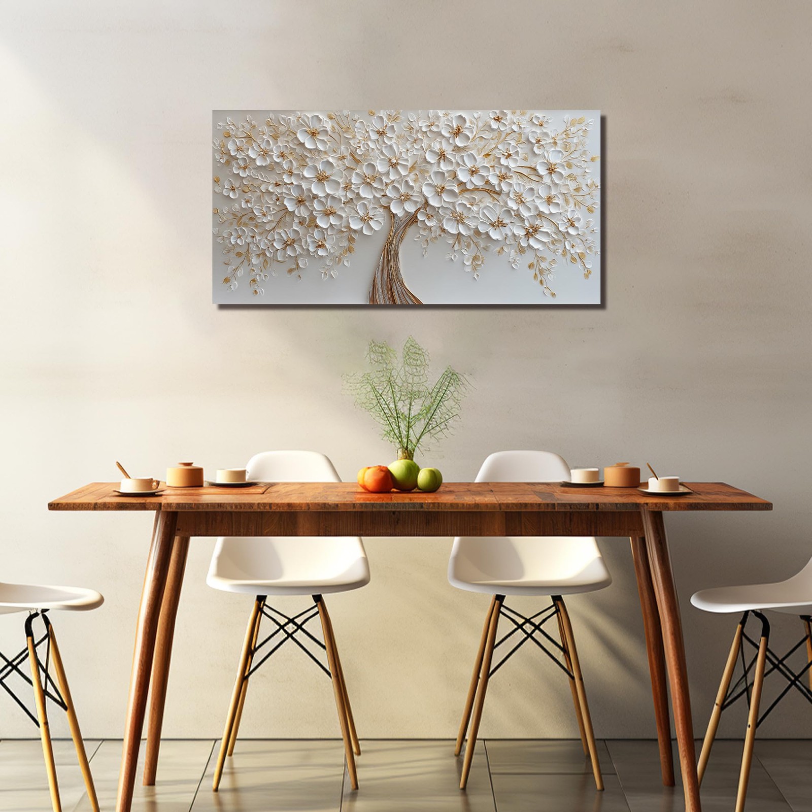 WVMAPTA Flower Pictures Wall Decor for Living Room White and Gold Wall Art fo…