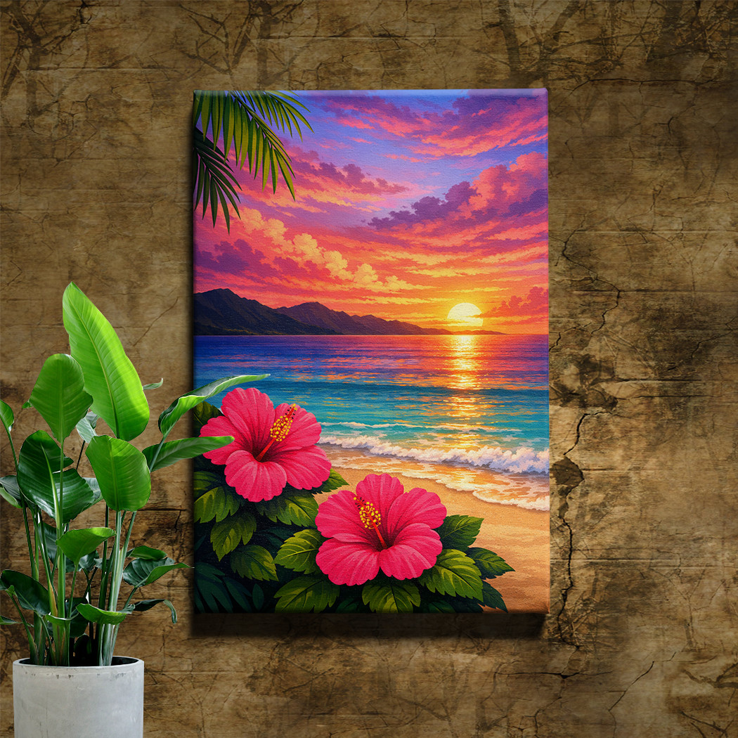Tropical sunset beach scene with hibiscus flowers canvas wall art, unframed
