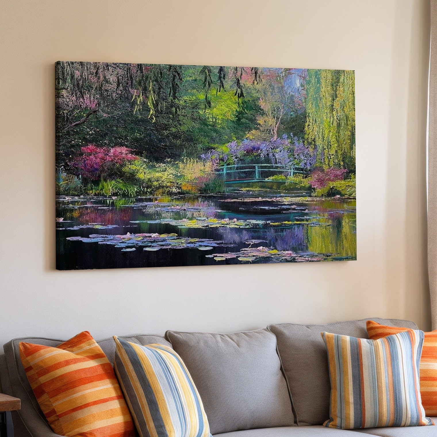 Serene garden pond with vibrant flowers and green bridge canvas wall art print