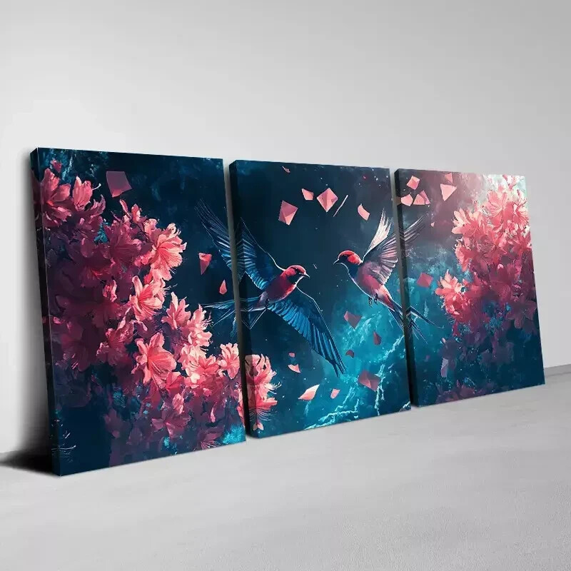 3pcs Elegant Swallows with Modern Pink Florals Wall Art Canvas Framed 50x70cm