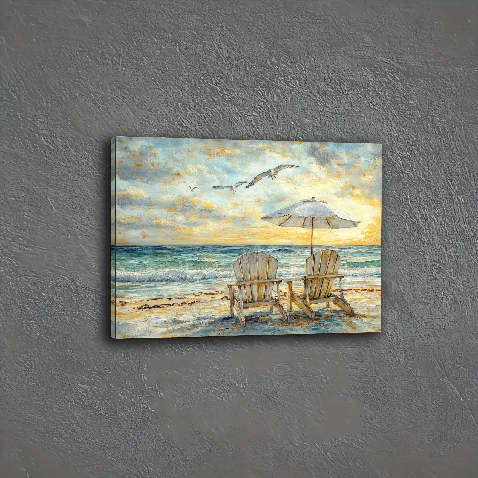 Framed Canvas Beach Chair Seagull Sunset Coastal Impressionist Wall Decor