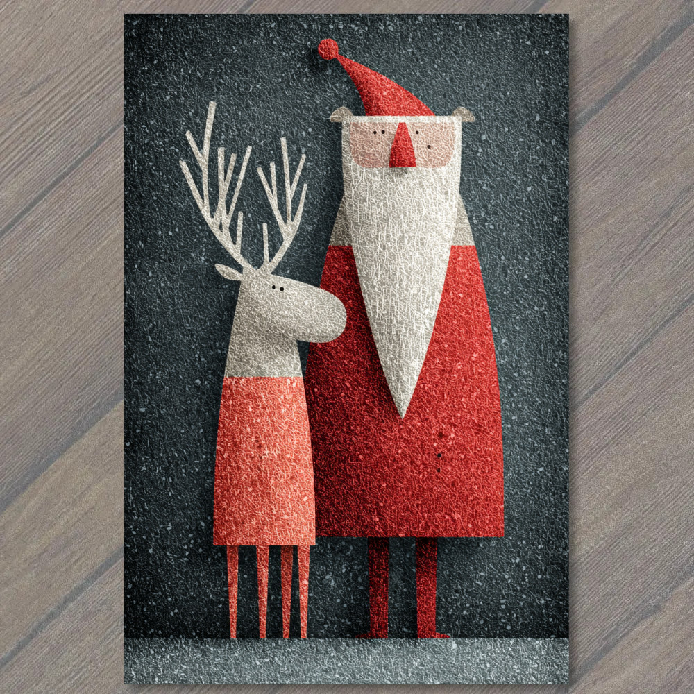 Art Print Santa Reindeer Minimalist Red Gray Modern Christmas Nordic Winter Art